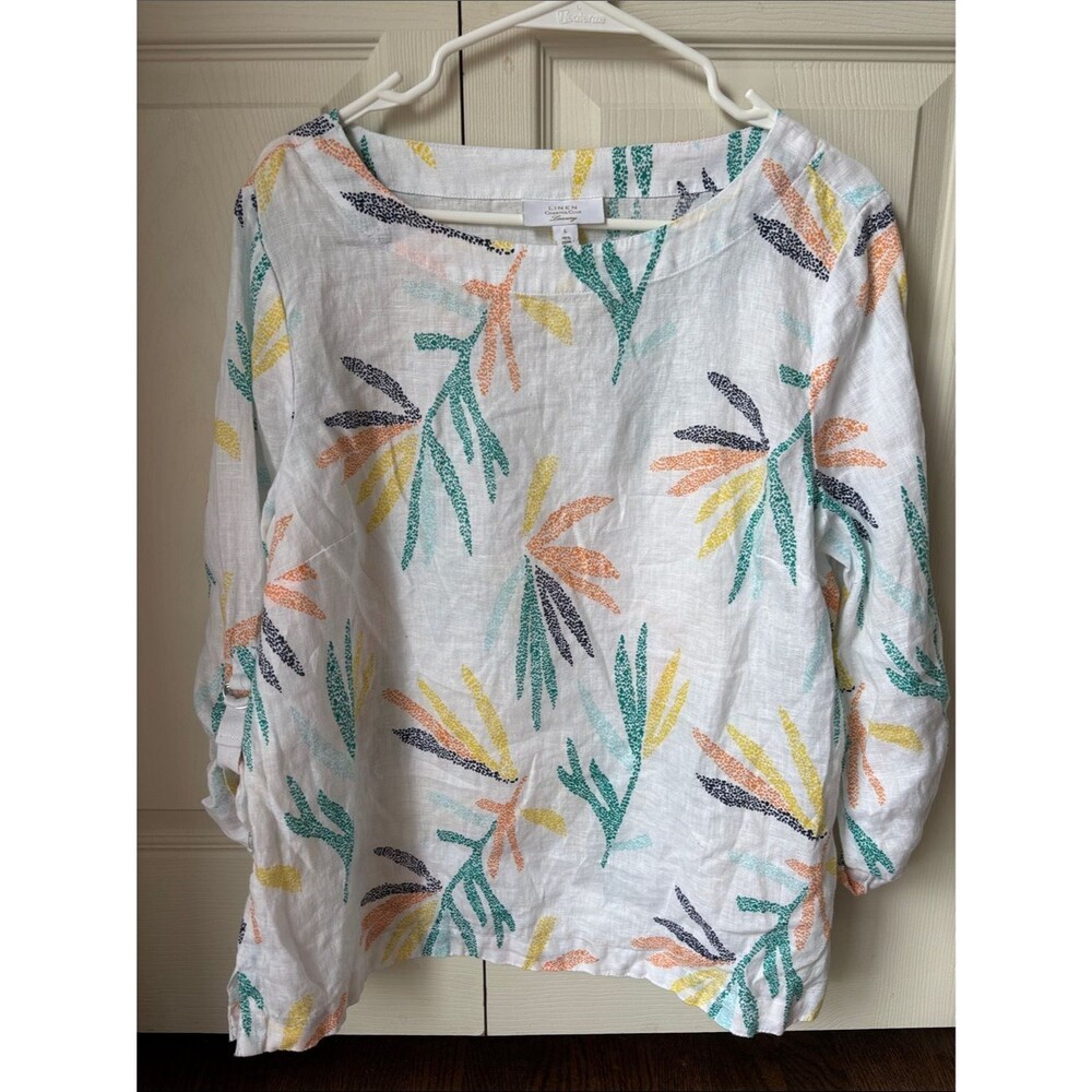 Charter Club 100% linen White Boatneck tropical Top Pastel Leaf Motif large EUC